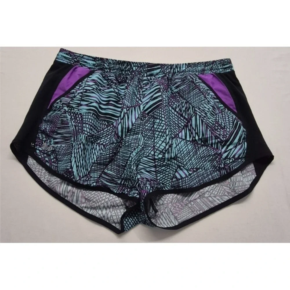 Under Armour womens black/teal/purple print running shorts XL Heat Gear exercise